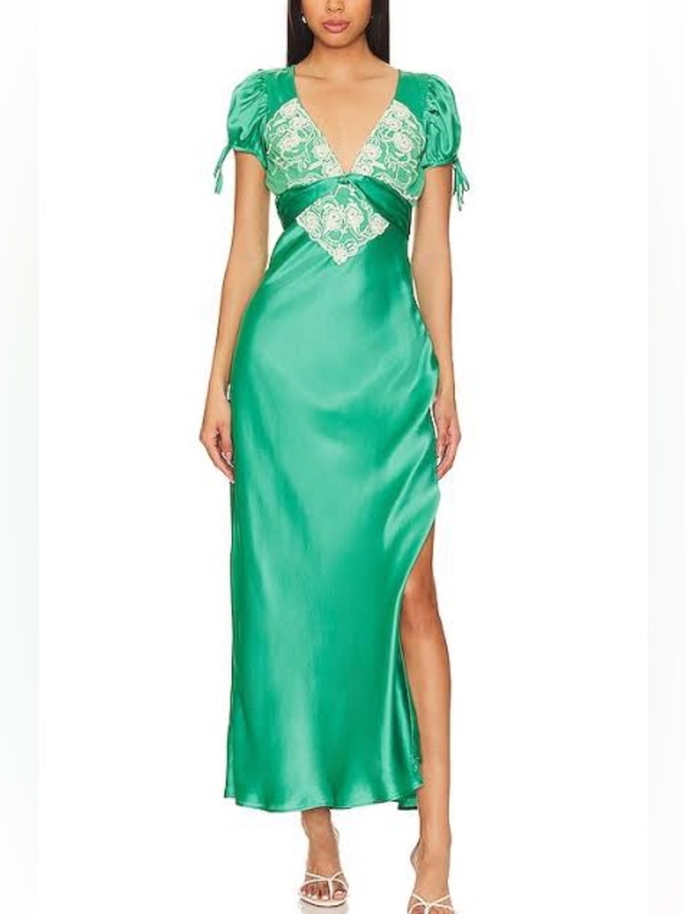 Free People Cooper Maxi Dress Green Lace Satin Embroidery Womens V Neck Size 6 - Picture 1 of 15